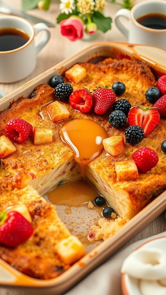 Sourdough Bread French Toast Casserole Recipe Sourdough bread French toast casserole topped with berries and maple syrup in a rustic baking dish.